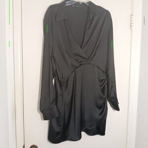 Zara black  satin  wrap mini dress XL long  sleeve vneck party
